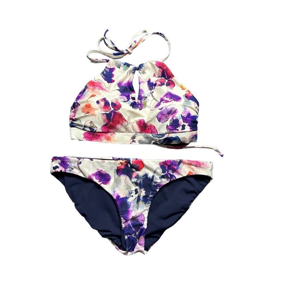 Athleta White Floral High-Neck Bikini with Navy Accents